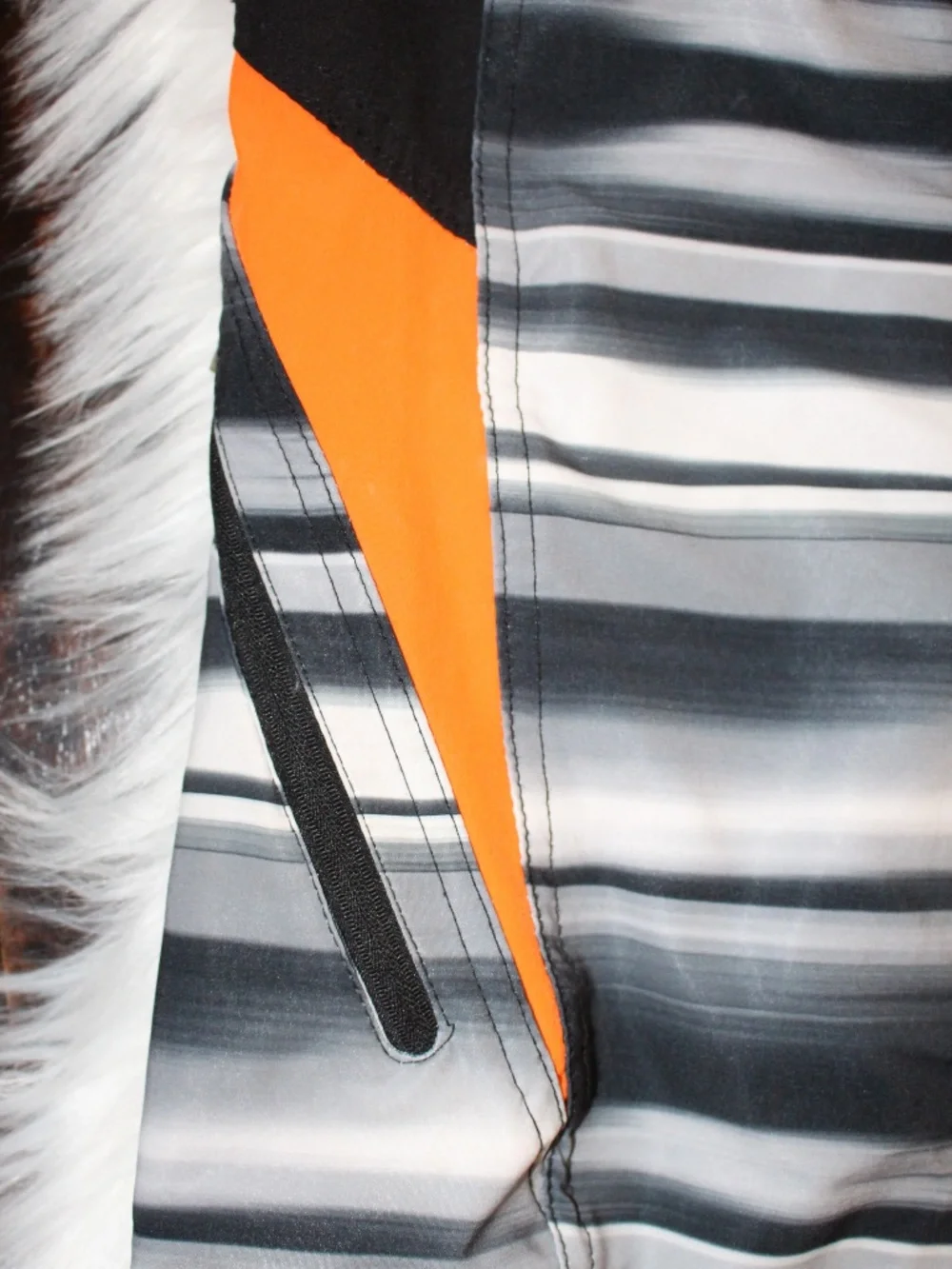 ZeroXPosur  Gray & Black Striped Swim Trunks with Orange Accents